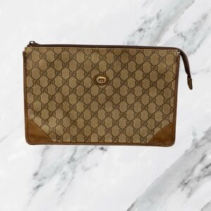 Gucci Authentic Vintage GG Supreme Monogram Brown Clutch Pouch Bag PVC Leather